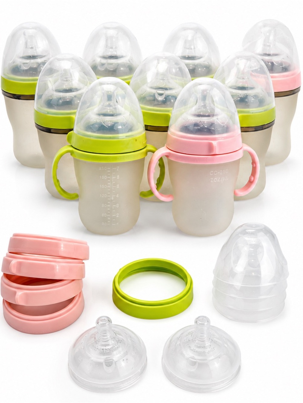 Comotomo 8oz. Baby Bottle & Transition Cup Lot of 9 w/ 2 Anpei Handles